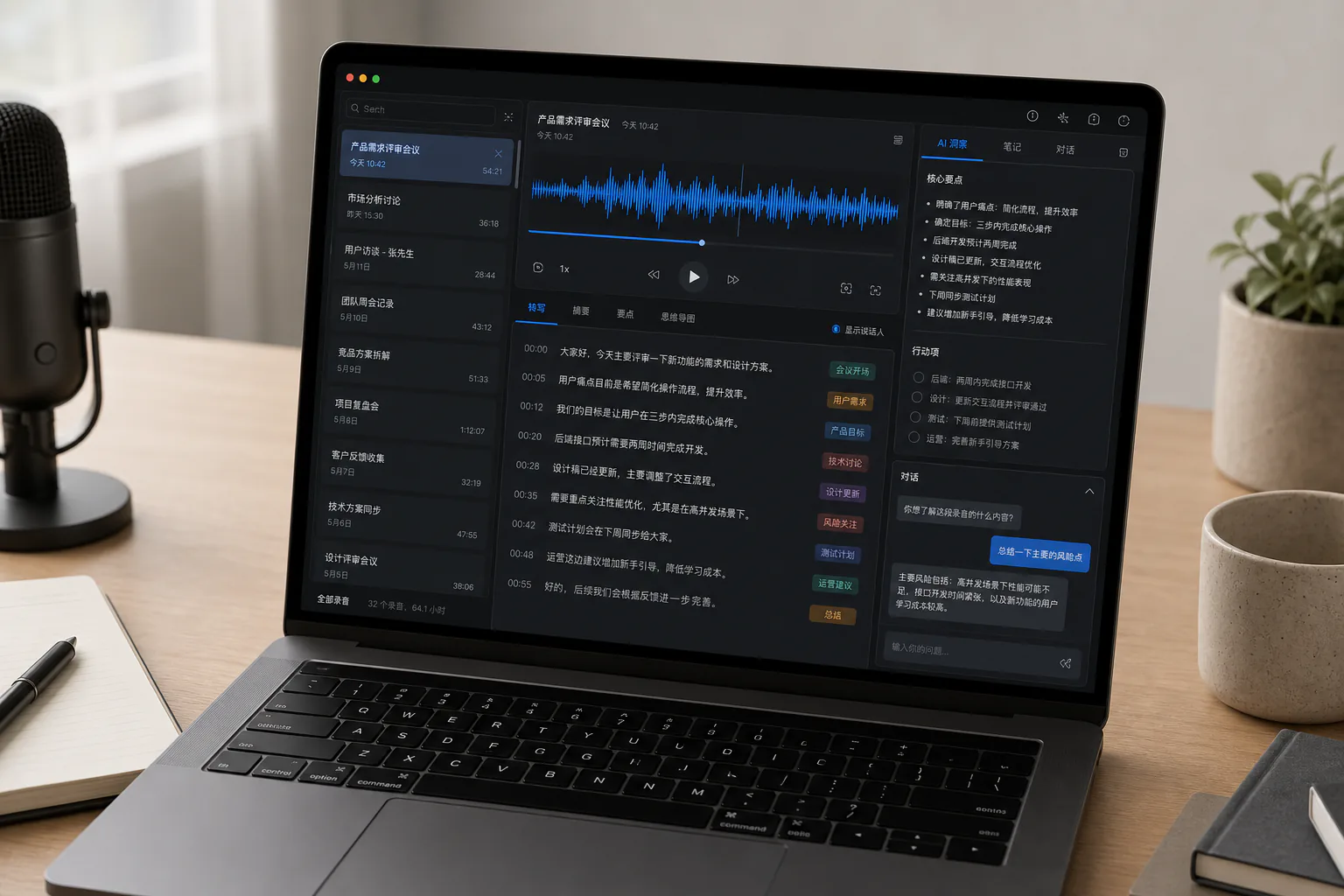 AudioNote 桌面应用：录音列表、转录内容与 AI 分析并排显示